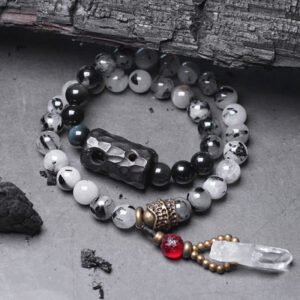 Buddha Stones Black Rutilated Quartz Ebony Wood White Crystal Success Couple Bracelet