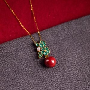 Gentle Focus, Worn Daily. Sterling Silver Plated Gold Cinnabar Pearl Flower Blessing Necklace Pendant Earrings Ring Set by AetherFate