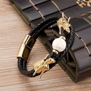 Quiet Presence, Worn Daily. Double Dragon Head Leather Stone Titanium Steel Success Bracelet (Extra 35% Off | USE CODE: FS35) by AetherFate