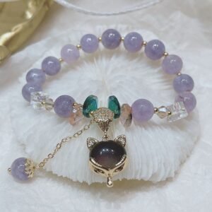 Quiet Wisdom, Worn Daily. Purple Jade Fox Charm Happiness Bracelet by AetherFate