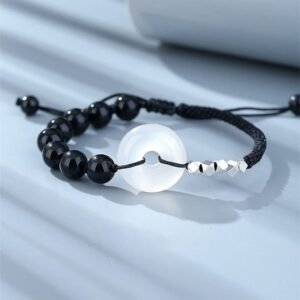Gentle Focus, Worn Daily. Sterling Silver Black Obsidian Agate Peace Buckle Strength Bracelet by AetherFate