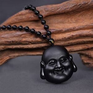 For When You Need Inner Stillness | Black Obsidian Laughing Buddha Purification Necklace Pendant