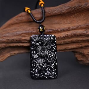 Inner Stillness, Worn Daily. Black Obsidian Rectangular Dragon Engraved Success Necklace Pendant by AetherFate