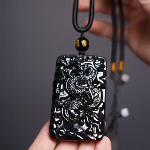 Inner Stillness, Worn Daily. Black Obsidian Rectangular Dragon Engraved Success Necklace Pendant by AetherFate