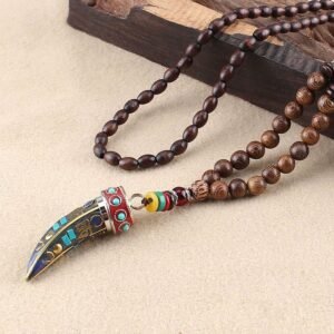 Tibet Wenge Wood Om Mani Padme Hum OM Symbol Mantra Horn Pattern Necklace Pendant | Your Quiet Daily Anchor for Quiet Presence | AetherFate
