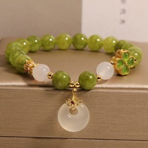 Quiet Presence, Worn Daily. Green Tourmaline Chalcedony Four Leaf Clover Peace Buckle Charm Wisdom Bracelet by AetherFate
