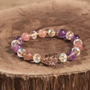 For When You Need Quiet Calm | Amethyst Strawberry Quartz White Crystal Nine Tailed Fox Meditation Bracelet | AetherFate