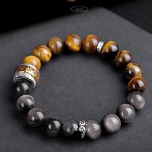 Gentle Focus, Worn Daily. Silver Sheen Obsidian Tiger's Eye Six True Words 'Om Mani Padme Hum' Strength Bracelet by AetherFate