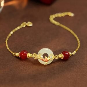 For When You Need Gentle Focus | Hetian Jade Sterling Silver Plated Gold Red Agate Beads Koi Fish Peace Buckle Bracelet