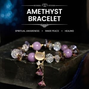 Quiet Calm, Worn Daily. Amethyst Green Crystal Red Crystal Cat Balance Bracelet by AetherFate