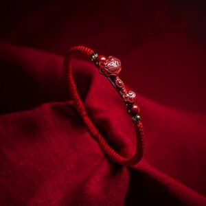 🔮 Gentle Warmth, Worn Daily. Handmade Cinnabar Ruyi Handle Fu Character PiXiu Blessing Red String Braided Bracelet by AetherFate