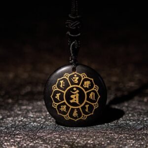 Inner Stillness, Worn Daily. Om Mani Padme Hum Various Crystal Black Obsidian Strength Necklace Pendant by AetherFate