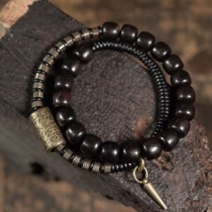 Quiet Connection, Worn Daily. Ebony Wood Copper Brass Vintage Bead Cone Double Wrap Balance Bracelet by AetherFate