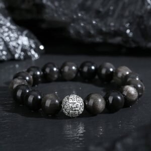 Gentle Focus, Worn Daily. Black Obsidian 999 Sterling Silver Purification Fu Character Transformation Bracelet by AetherFate
