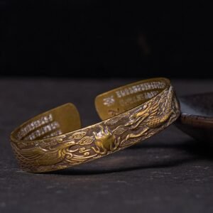 Quiet Connection, Worn Daily. Dragon And Phoenix Playing With A Pearl Heart Sutra Carved Copper Brass Bracelet Bangle by AetherFate