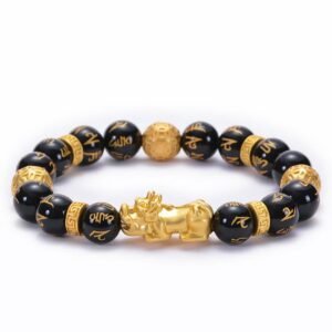 Inner Stillness, Worn Daily. Black Obsidian Black Onyx Alloy PiXiu Om Mani Padme Hum Strength Bracelet by AetherFate