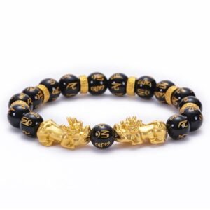 Black Obsidian Black Onyx Golden Alloy Two PiXiu Om Mani Padme Hum Strength Bracelet | Your Quiet Daily Anchor for Quiet Warmth | AetherFate