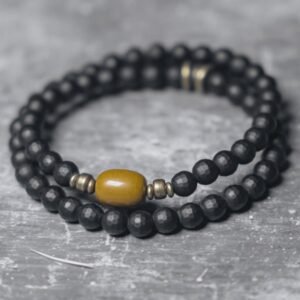 Quiet Presence, Worn Daily. Frosted Cut Surface Black Onyx Topaz Beads Double Wrap Bracelet by AetherFate