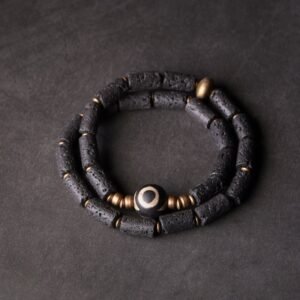 Quiet Connection, Worn Daily. Vintage Lava Rock Three-eyed Dzi Bead Copper Brass Multi-turn Wrap Calm Bracelet by AetherFate
