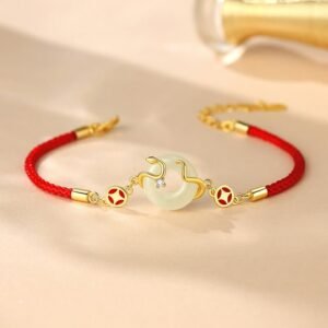 Gentle Focus, Worn Daily. Hetian Jade Chalcedony Peace Buckle Coin Sterling Silver Year Of The Snake Red String Prosperity Bracelet by AetherFate