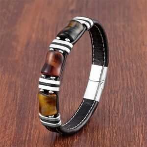 Tiger Eye Three Bamboo Stone Power Leather Bracelet | Your Quiet Daily Anchor for Quiet Warmth | AetherFate