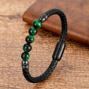 Quiet Warmth, Worn Daily. Blue Agate Tiger Eye Lava Rock Black Onyx Lazurite Bead Leather Bracelet by AetherFate