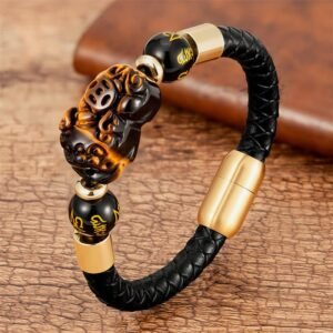 For When You Need Quiet Warmth | Tiger Eye Black Onyx Red Agate PiXiu Copper Coin Om Mani Padme Hum Strength Leather Bracelet