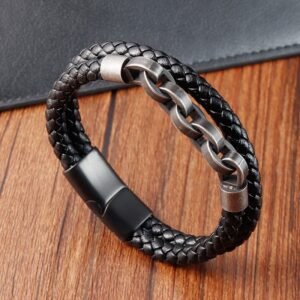 Quiet Presence, Worn Daily. Chain Design Titanium Steel Balance Leather Braided Buckle Bracelet by AetherFate
