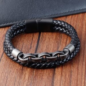 Quiet Presence, Worn Daily. Chain Design Titanium Steel Balance Leather Braided Buckle Bracelet by AetherFate