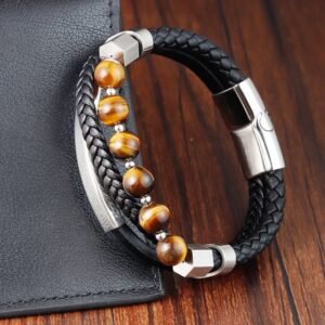 For When You Need Quiet Warmth | Tiger Eye Bead Multi-layered Grounding Leather Buckle Bracelet