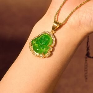 For When You Need Quiet Warmth | 18K Gold Filled Laughing Buddha Jade Necklace Chain Pendant