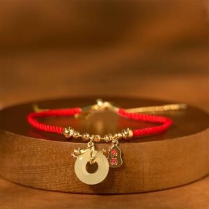 Quiet Warmth, Worn Daily. Copper Plated Gold Jade Peace Buckle Fu Character Year Of The Snake Red String Bracelet by AetherFate