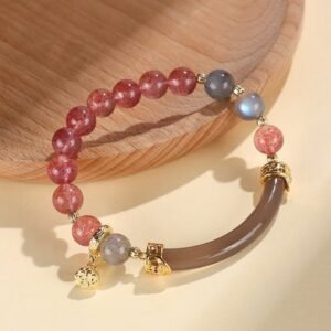 Gentle Clarity, Worn Daily. Strawberry Quartz Labradorite Fluorite Pearl Cuff Half Bracelet Bangle by AetherFate