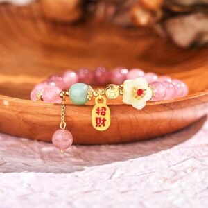 Gentle Clarity, Worn Daily. Strawberry Quartz Blossom Fu Character Positivity Bracelet by AetherFate