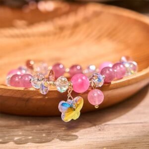 Gentle Clarity, Worn Daily. Strawberry Quartz White Crystal Pink Crystal Butterfly Love Bracelet by AetherFate