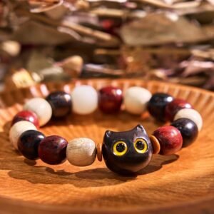 Small Leaf Red Sandalwood Ebony Wood Cute Cat Engraved Bracelet | Your Quiet Daily Anchor for Quiet Presence | AetherFate