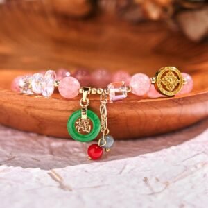 For When You Need Quiet Wisdom | Strawberry Quartz Jade Fu Character Charm Bracelet