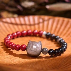 Gentle Focus, Worn Daily. Black Obsidian Cinnabar Silver Sheen Obsidian Cat Fulfilment Bracelet by AetherFate