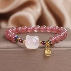 For When You Need Quiet Wisdom | Strawberry Quartz White Jade Cat Fu Character Bracelet