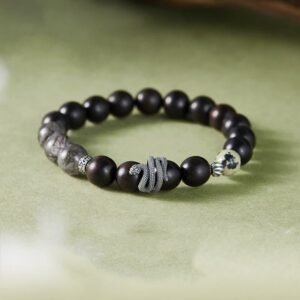 Ebony Wood Black Rutilated Quartz Sterling Silver Year Of The Snake Balance Bracelet | Your Quiet Daily Anchor for Gentle Focus | AetherFate