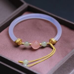 For When You Need Quiet Wisdom | White Agate Lotus Hetian Jade Beads Positive Bracelet Bangle