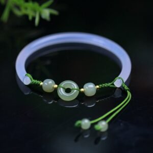 Quiet Wisdom, Worn Daily. White Agate Hetian Jade Beads Peace Buckle Positive Bracelet Bangle by AetherFate