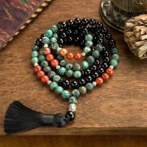 108 Mala Black Onyx Red Jasper Turquoise Beads Buddha Head Tassel Bracelet | Your Quiet Daily Anchor for Gentle Serenity | AetherFate