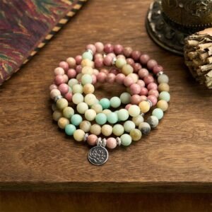 Quiet Presence, Worn Daily. 108 Mala Rhodonite Amazonite Beads Lotus Compassion Bracelet by AetherFate
