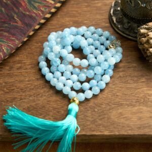 Quiet Presence, Worn Daily. 108 Mala Beads Stone Aquamarine Tassel Lotus Bracelet by AetherFate