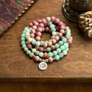 For When You Need Quiet Presence | 108 Mala Beads Rhodonite Amazonite Lotus Bracelet