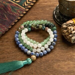 🔮 For When You Need Steady Presence | 108 Mala Beads Green Aventurine Blue Spot Jasper Indian Agate Green Tassel Bracelet