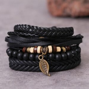 Leaf Multi-layer Twisted Leather Resin Beads Courage Bracelet Set | Your Quiet Daily Anchor for Quiet Presence | AetherFate