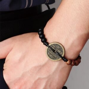Quiet Connection, Worn Daily. Ebony Wood Wenge Wood Mountain Ghosts Spend Money Bagua Copper Coin Peace Bracelet by AetherFate