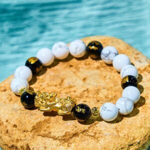 Gentle Serenity, Worn Daily. Vintage White Turquoise Black Onyx Pixiu Beads Blessing Bracelet by AetherFate